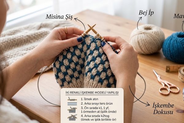 Misina ile iki renkli işkembe bere modeli örgü örneği