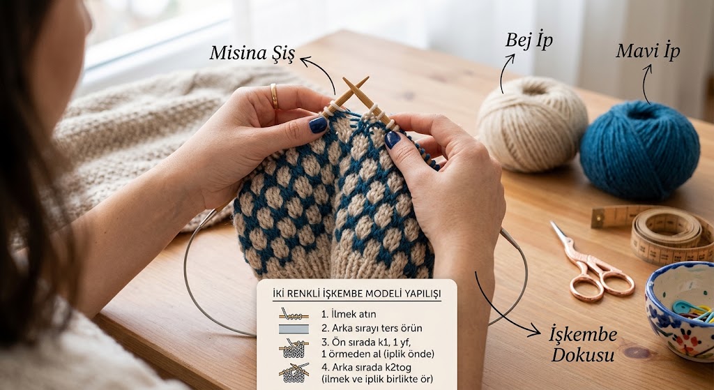 Misina ile iki renkli işkembe bere modeli örgü örneği