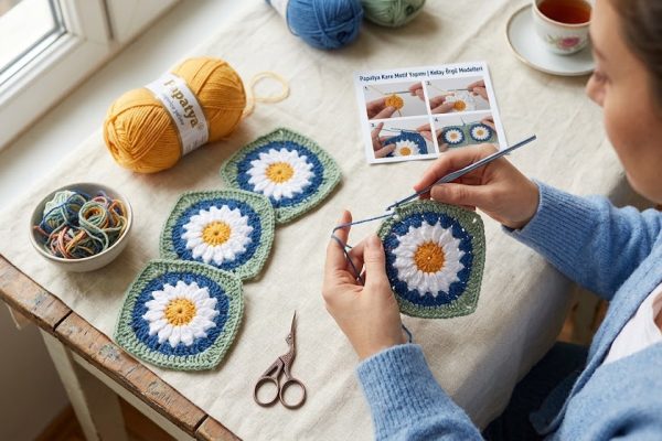Papatya kare motif yapımı tığ işi çiçekli örgü modeli