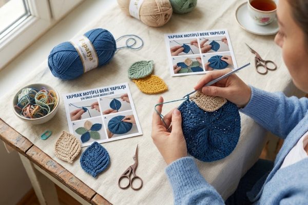 Yaprak desenleriyle süslenmiş örgü bere modeli ve kışlık örgü tasarım fikri.