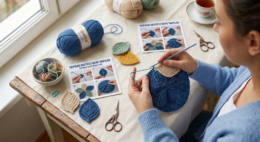 Yaprak desenleriyle süslenmiş örgü bere modeli ve kışlık örgü tasarım fikri.